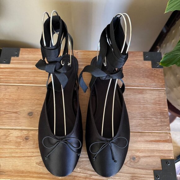 Zara Black Satin Mule Ankle Wrap Bow Detail Minimalist Ballet Flat Size 39 / 8 - Picture 5 of 15